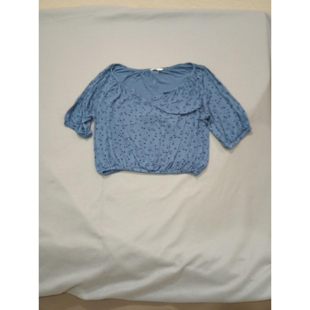 Lucky Brand Los Angeles Women Blue Floral V-Neck Puff Sleeve Blouse Top Medium